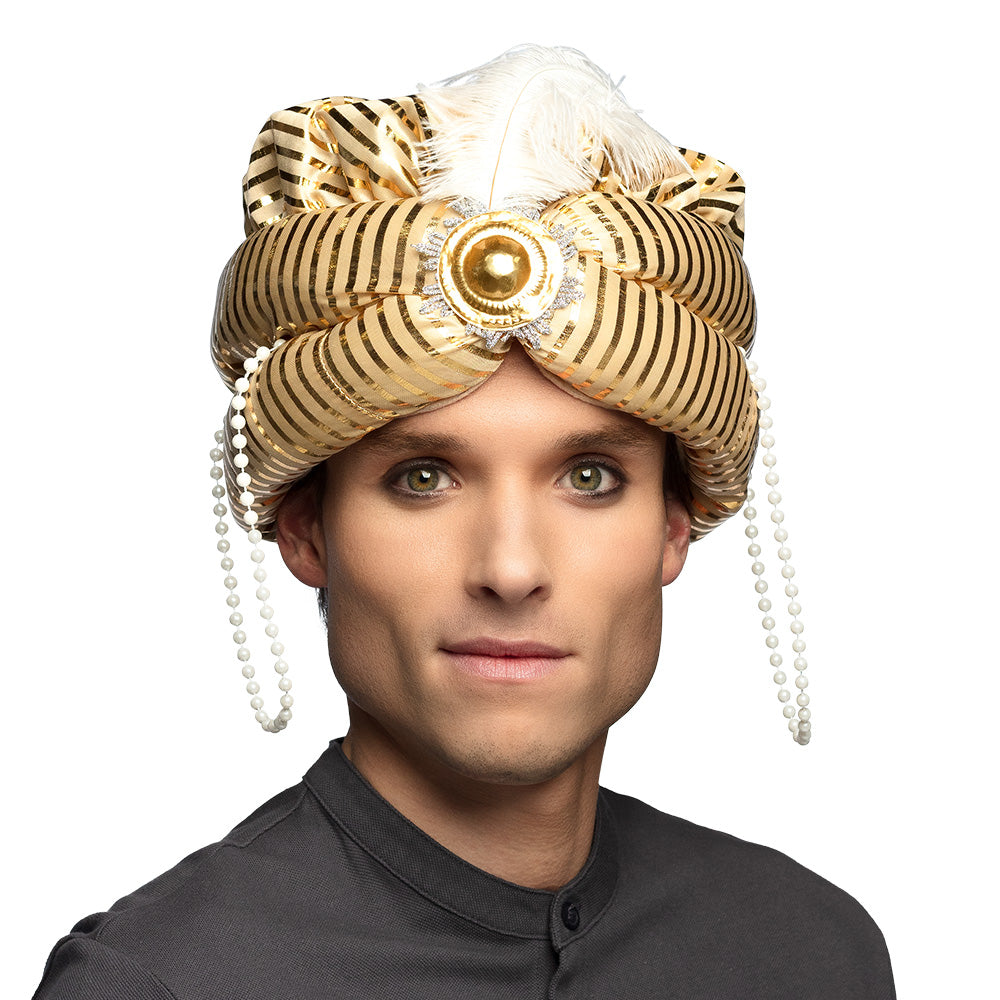 Turban Égyptien Doré avec Plume - Déguisement Pharaon Luxe