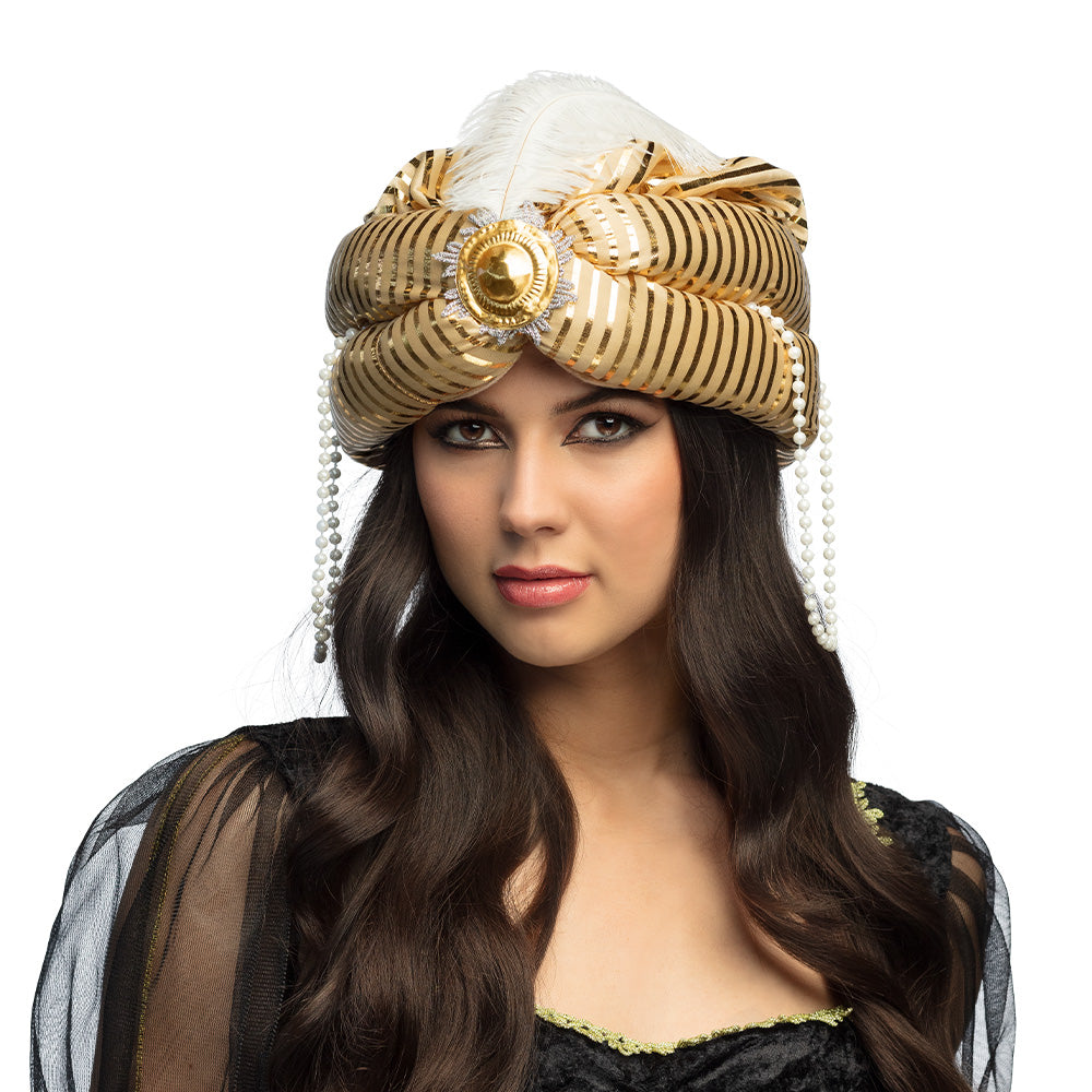 Turban Égyptien Doré avec Plume - Déguisement Pharaon Luxe
