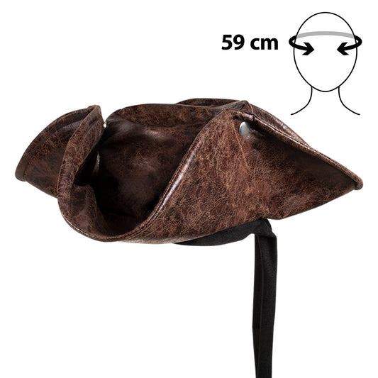 Chapeau Tricorne Pirate Marron Cuir - Accessoire Déguisement