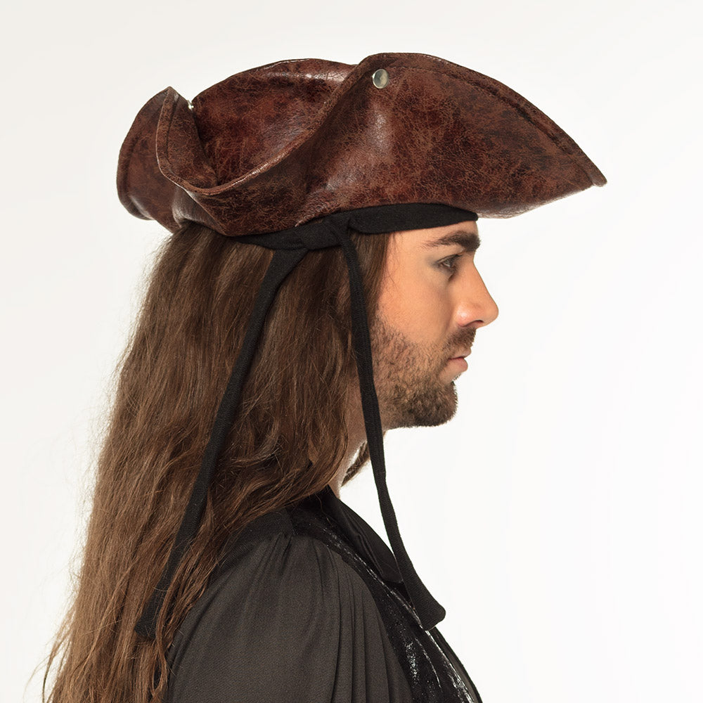 Chapeau Tricorne Pirate Marron Cuir - Accessoire Déguisement
