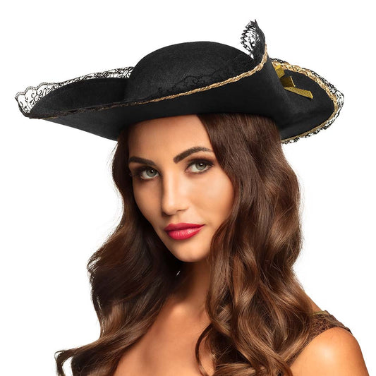 Chapeau Tricorne Pirate Noir Luxe - Dentelle et Or