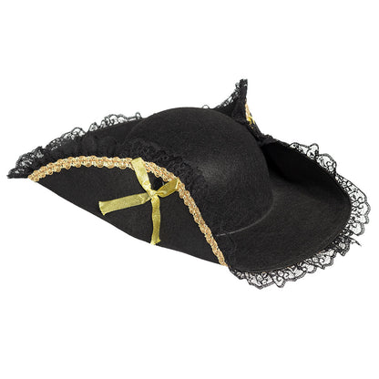 Chapeau Tricorne Pirate Noir Luxe - Dentelle et Or
