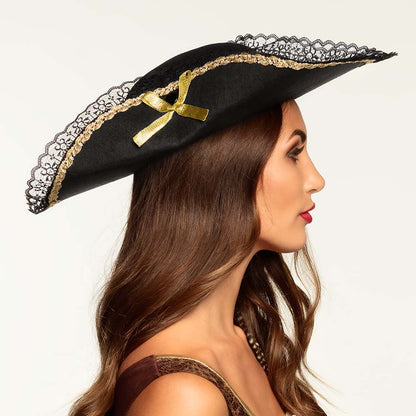 Chapeau Tricorne Pirate Noir Luxe - Dentelle et Or