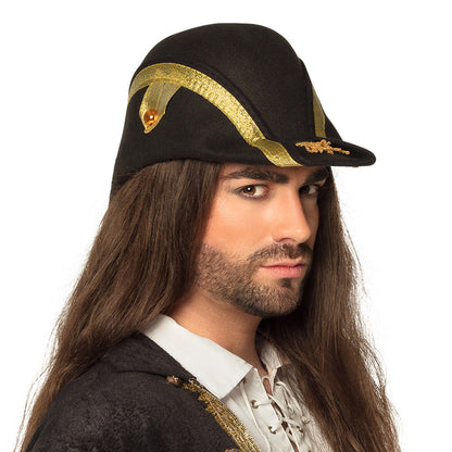 Bicorne Pirate Noir Liseré Or - Chapeau de Pirate Luxe