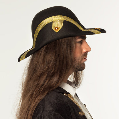 Bicorne Pirate Noir Liseré Or - Chapeau de Pirate Luxe