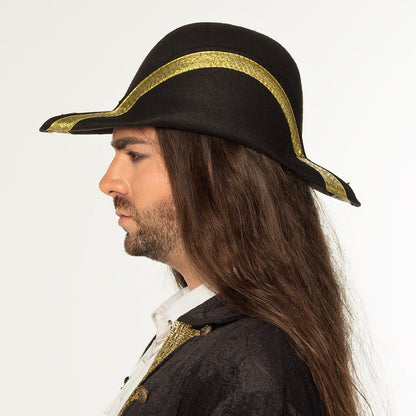 Bicorne Pirate Noir Liseré Or - Chapeau de Pirate Luxe