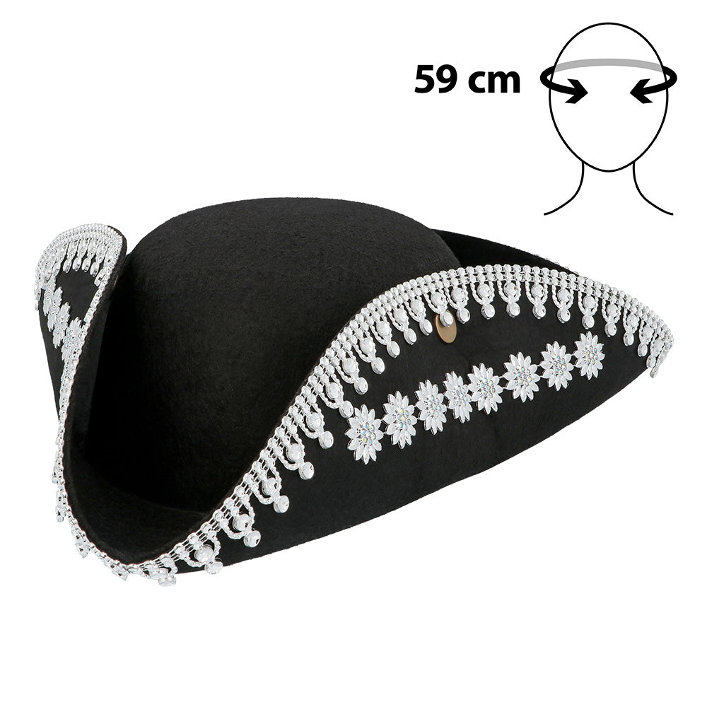 Chapeau Tricorne Noir Dentelle Blanche - Déguisement Pirate