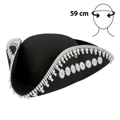 Chapeau Tricorne Noir Dentelle Blanche - Déguisement Pirate