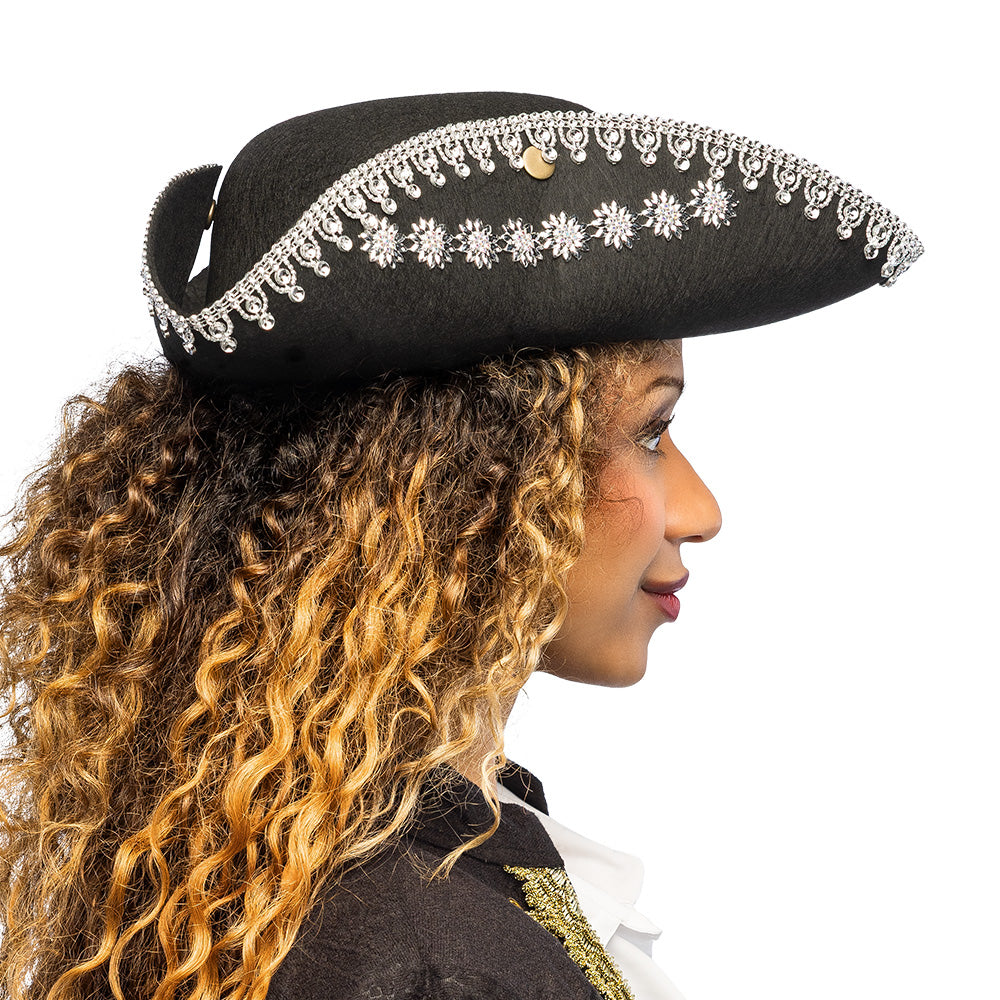 Chapeau Tricorne Noir Dentelle Blanche - Déguisement Pirate
