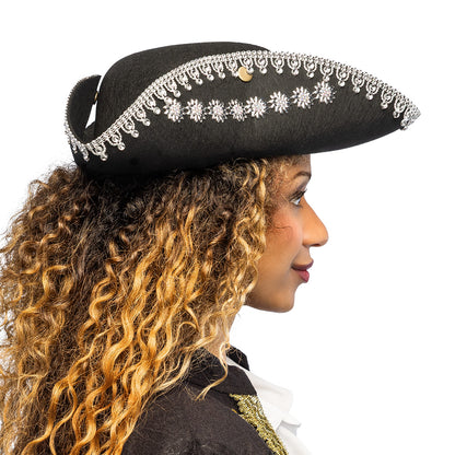 Chapeau Tricorne Noir Dentelle Blanche - Déguisement Pirate