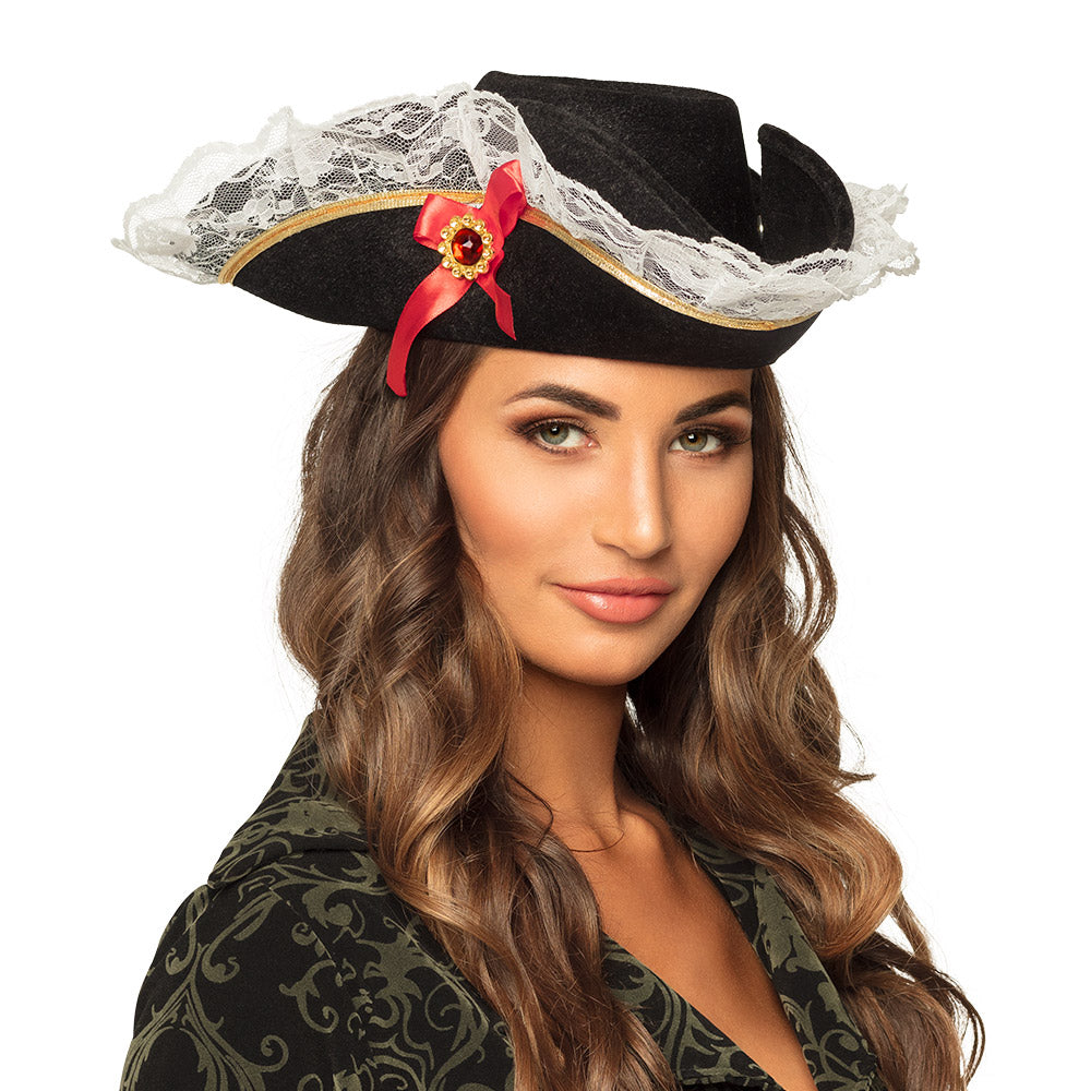 Chapeau Pirate Noir Luxe - Tricorne avec Dentelle et Ruban Rouge