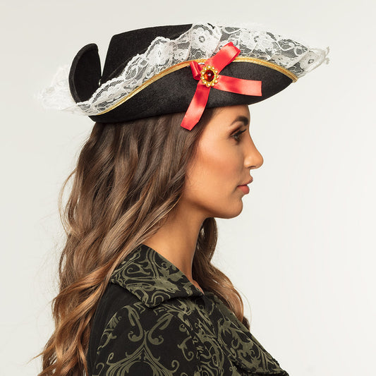 Chapeau Pirate Noir Luxe - Tricorne avec Dentelle et Ruban Rouge