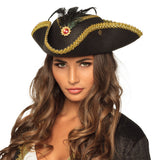 Chapeau Pirate Tricorne Noir et Or avec Plumes