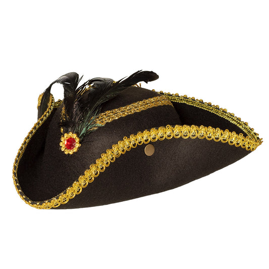 Chapeau Pirate Tricorne Noir et Or avec Plumes