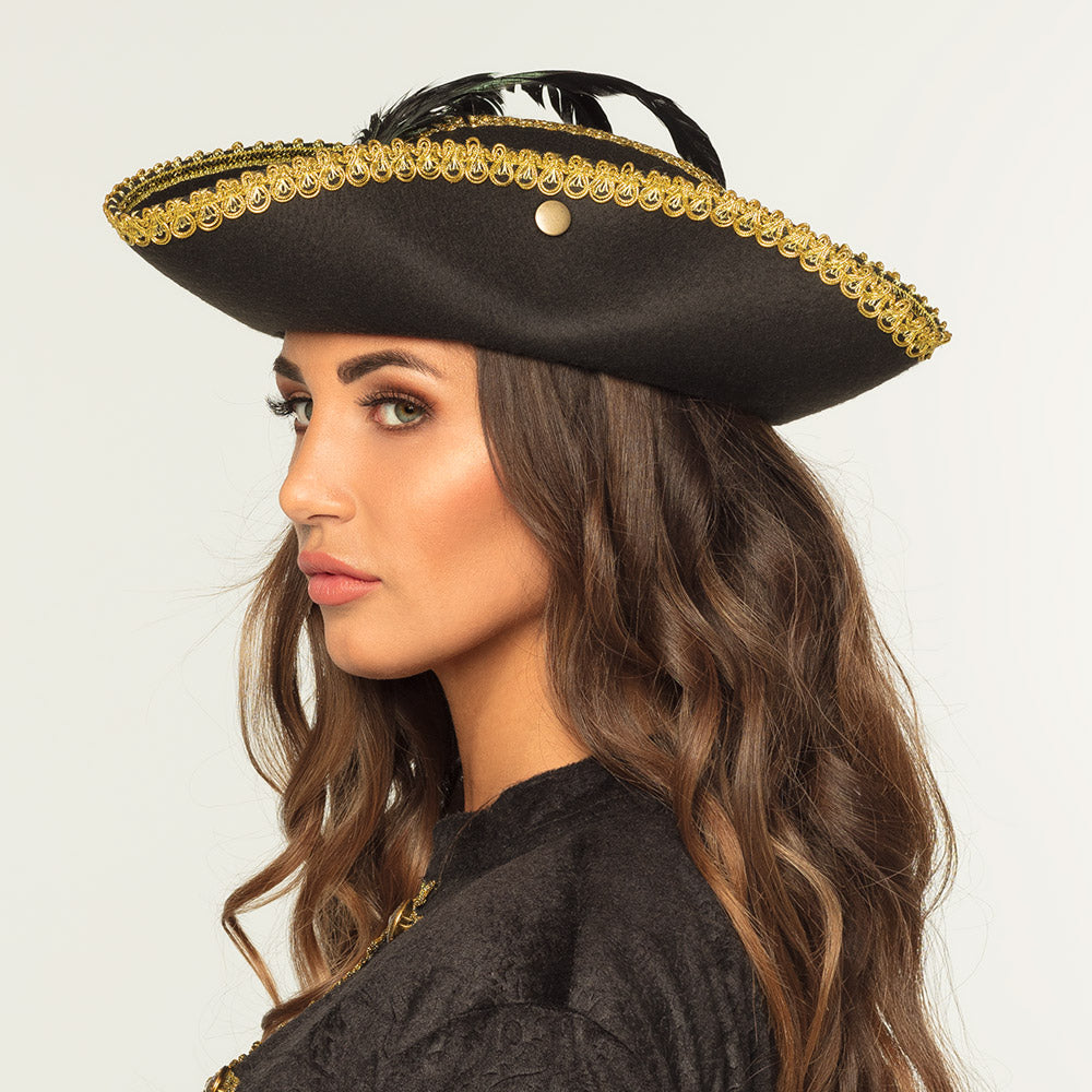 Chapeau Pirate Tricorne Noir et Or avec Plumes
