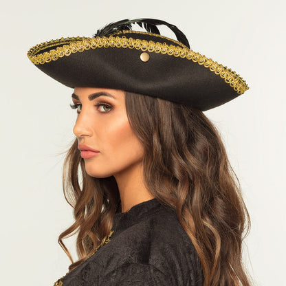 Chapeau Pirate Tricorne Noir et Or avec Plumes