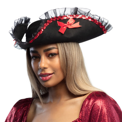 Chapeau Pirate Noir avec Nœud Rouge - Accessoire Déguisement