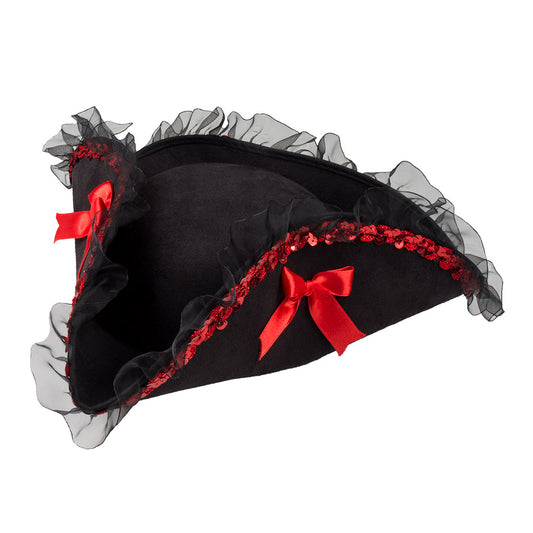 Chapeau Pirate Noir avec Nœud Rouge - Accessoire Déguisement