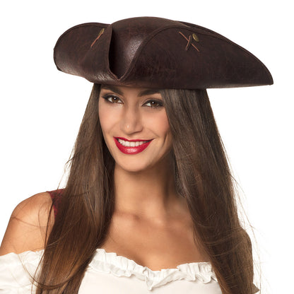 Tricorne Pirate Marron en Cuir - Chapeau Déguisement Adulte
