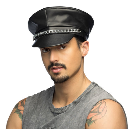 Casquette Chauffeur Cuir Noir Chaîne Argentée Unisexe