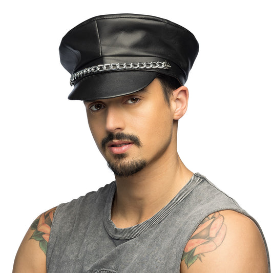 Casquette Chauffeur Cuir Noir Chaîne Argentée Unisexe