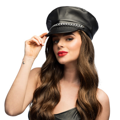 Casquette Chauffeur Cuir Noir Chaîne Argentée Unisexe