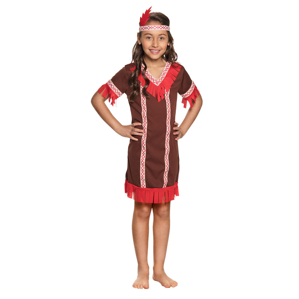 Déguisement Indienne Enfant - Robe Marron et Rouge avec Accessoires