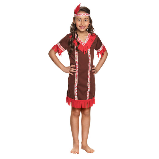 Déguisement Indienne Enfant - Robe Marron et Rouge avec Accessoires