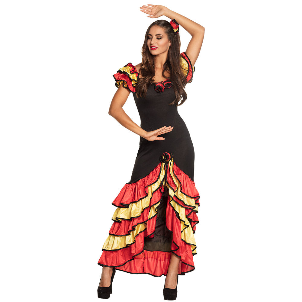 Déguisement Flamenco Espagnole Robe Noire Volants Rouge Or