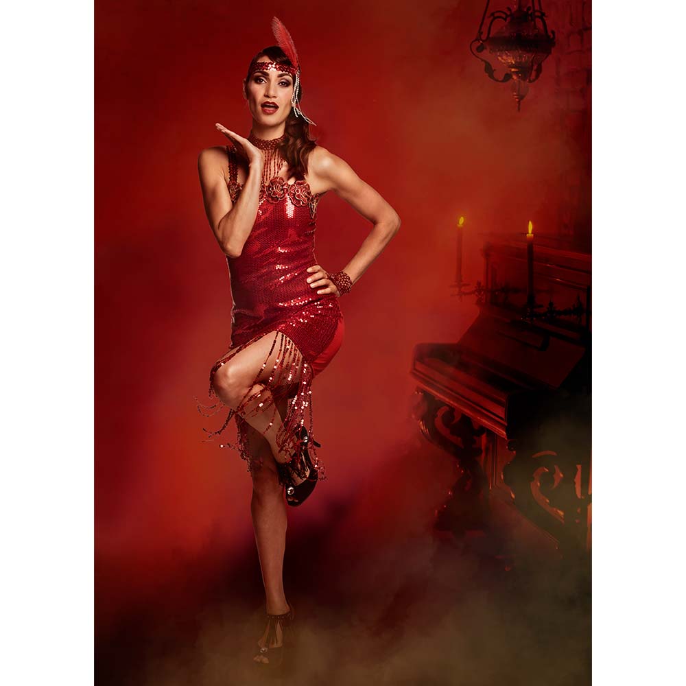 Robe Années 20 Paillettes Franges Rouges - Déguisement Cabaret