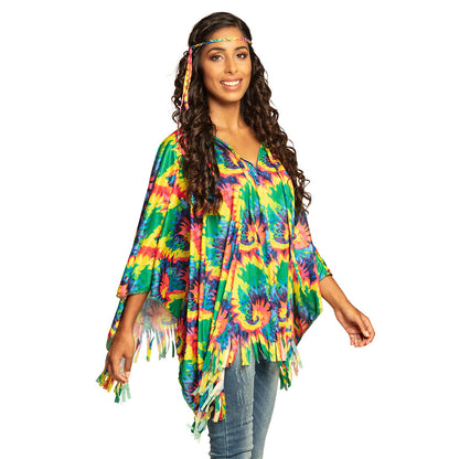 Poncho Tie-Dye Multicolore Hippie avec Bandeau et Franges