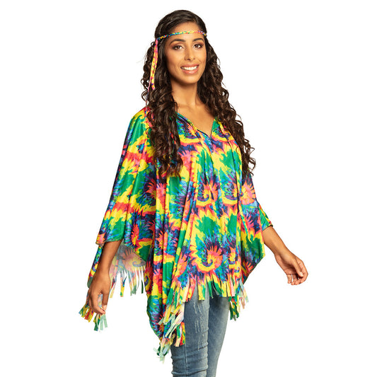 Poncho Tie-Dye Multicolore Hippie avec Bandeau et Franges