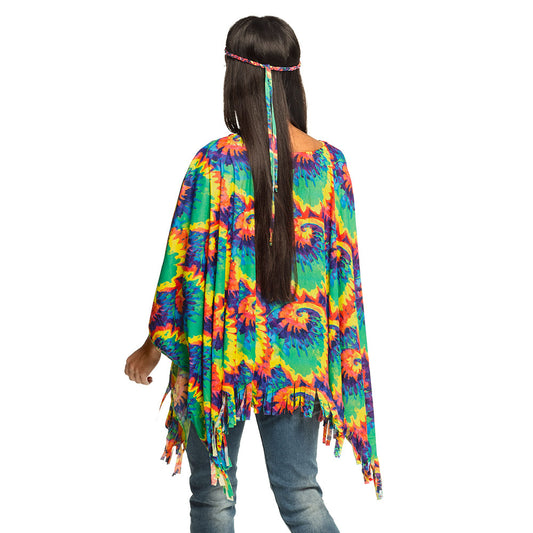 Poncho Tie-Dye Multicolore Hippie avec Bandeau et Franges