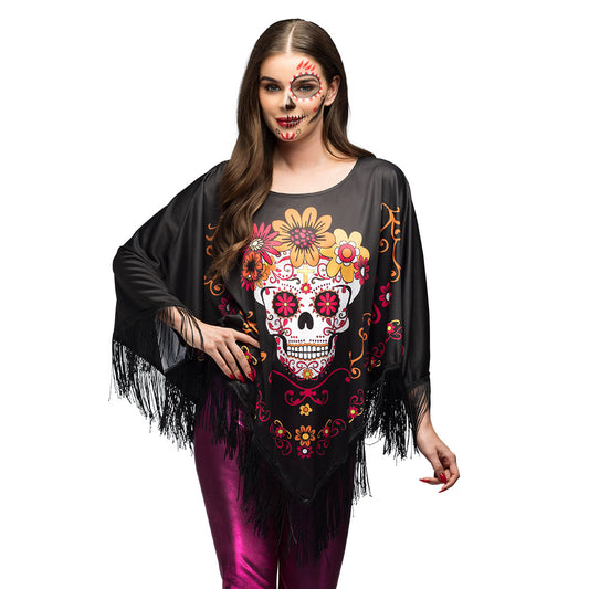 Poncho Crâne Fleuri Halloween - Frange Noire et Mauve