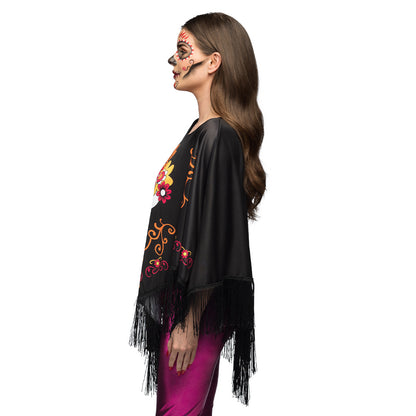 Poncho Crâne Fleuri Halloween - Frange Noire et Mauve