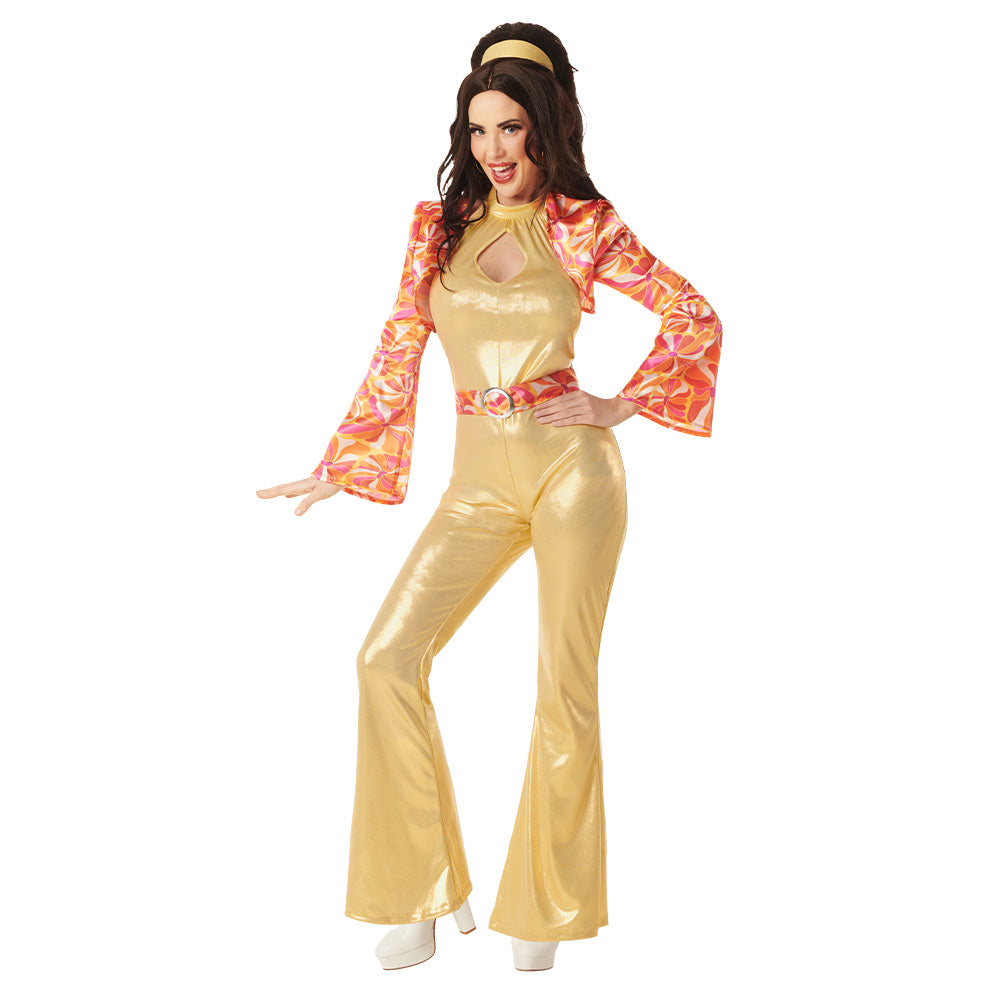 Costume Disco années 70 doré avec veste paillettes multicolore