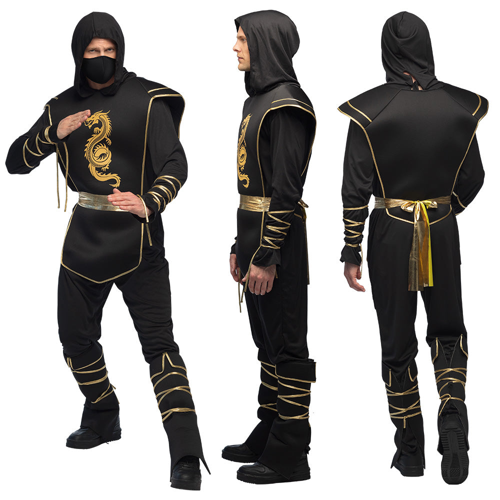 Costume Ninja Noir et Or avec Dragon - Déguisement Adulte