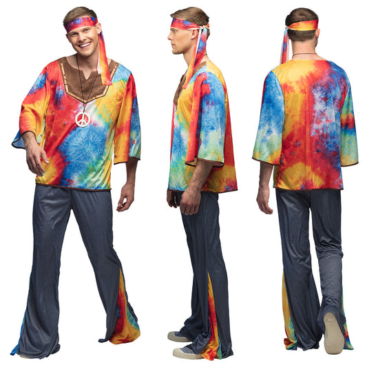 Déguisement Hippie Tie-Dye Années 70 avec Bandana et Pendentif Paix