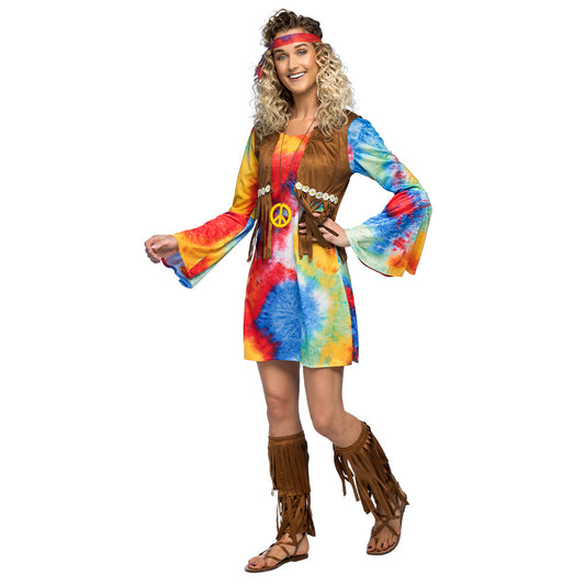 Costume Hippie Femme Tie-Dye - Robe Années 70 avec Accessoires