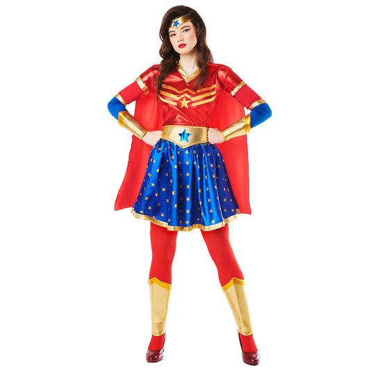 Déguisement Super Héroïne Femme - Robe Bleue Étoilée & Cape Rouge