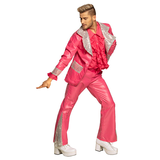 Costume Disco Rose Fluo Années 70 - Déguisement Homme Paillettes