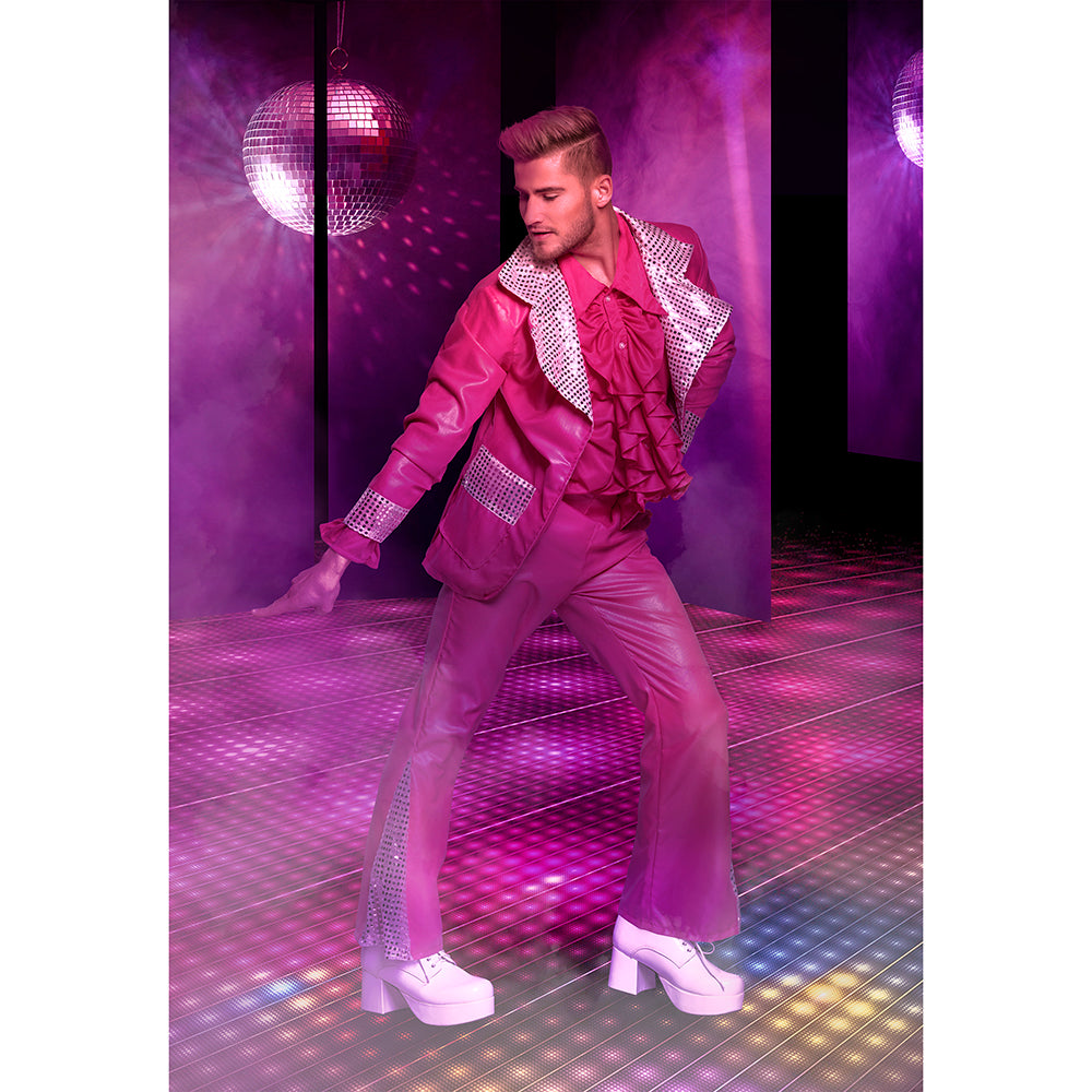 Costume Disco Rose Fluo Années 70 - Déguisement Homme Paillettes