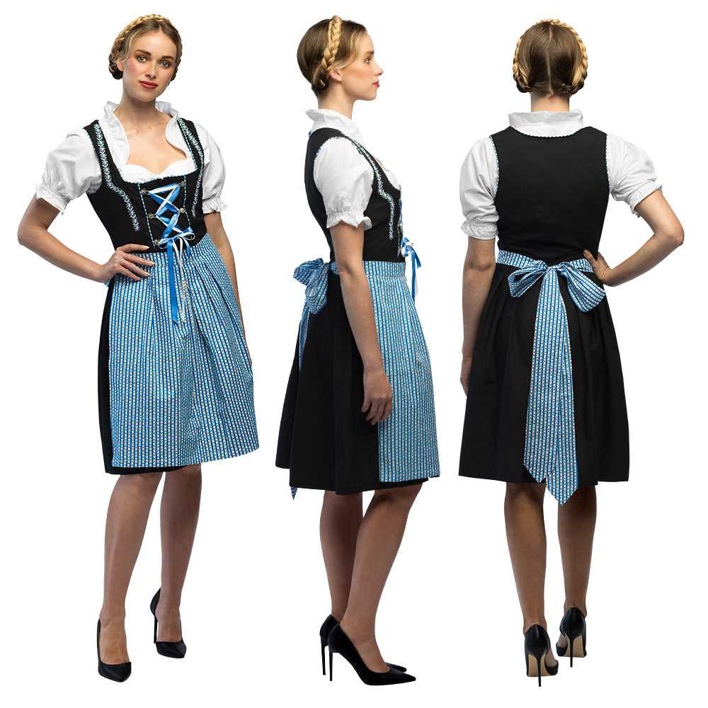Costume Bavarois Femme Dirndl Noir et Bleu avec Tablier