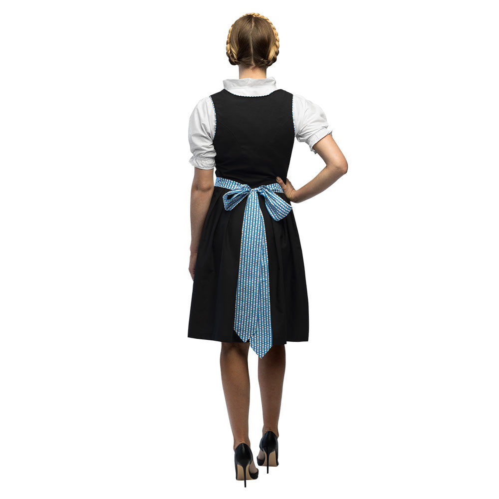 Costume Bavarois Femme Dirndl Noir et Bleu avec Tablier