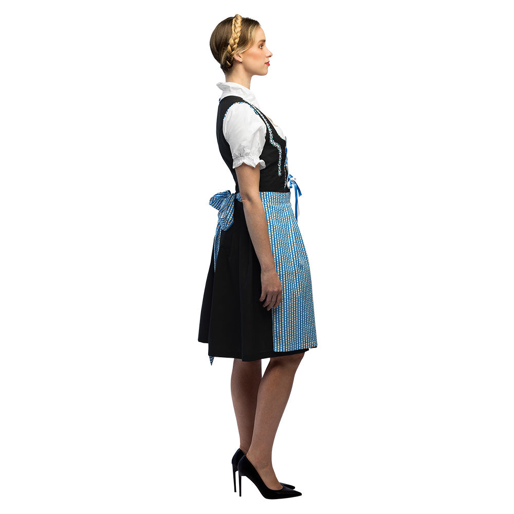 Costume Bavarois Femme Dirndl Noir et Bleu avec Tablier