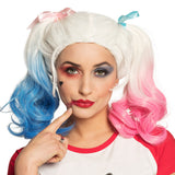 Perruque Harley Quinn Blanc Rose Bleu - Pigtails Ondulée