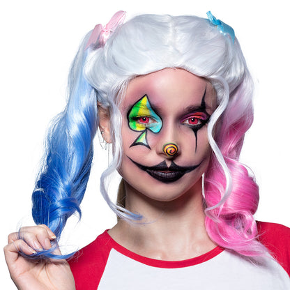 Perruque Harley Quinn Blanc Rose Bleu - Pigtails Ondulée