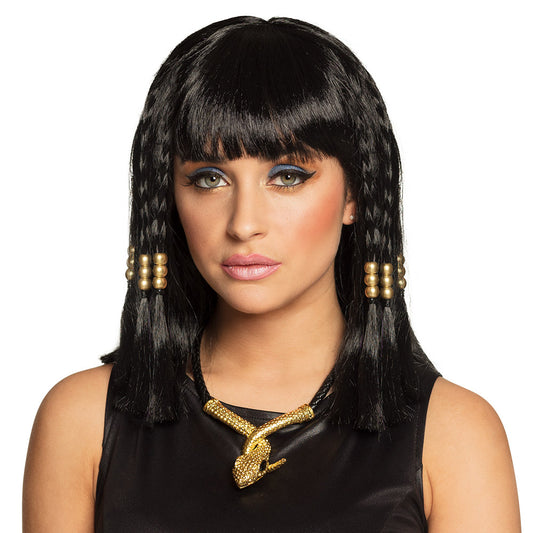 Perruque Égyptienne Cléopâtre Noire avec Tresses Dorées