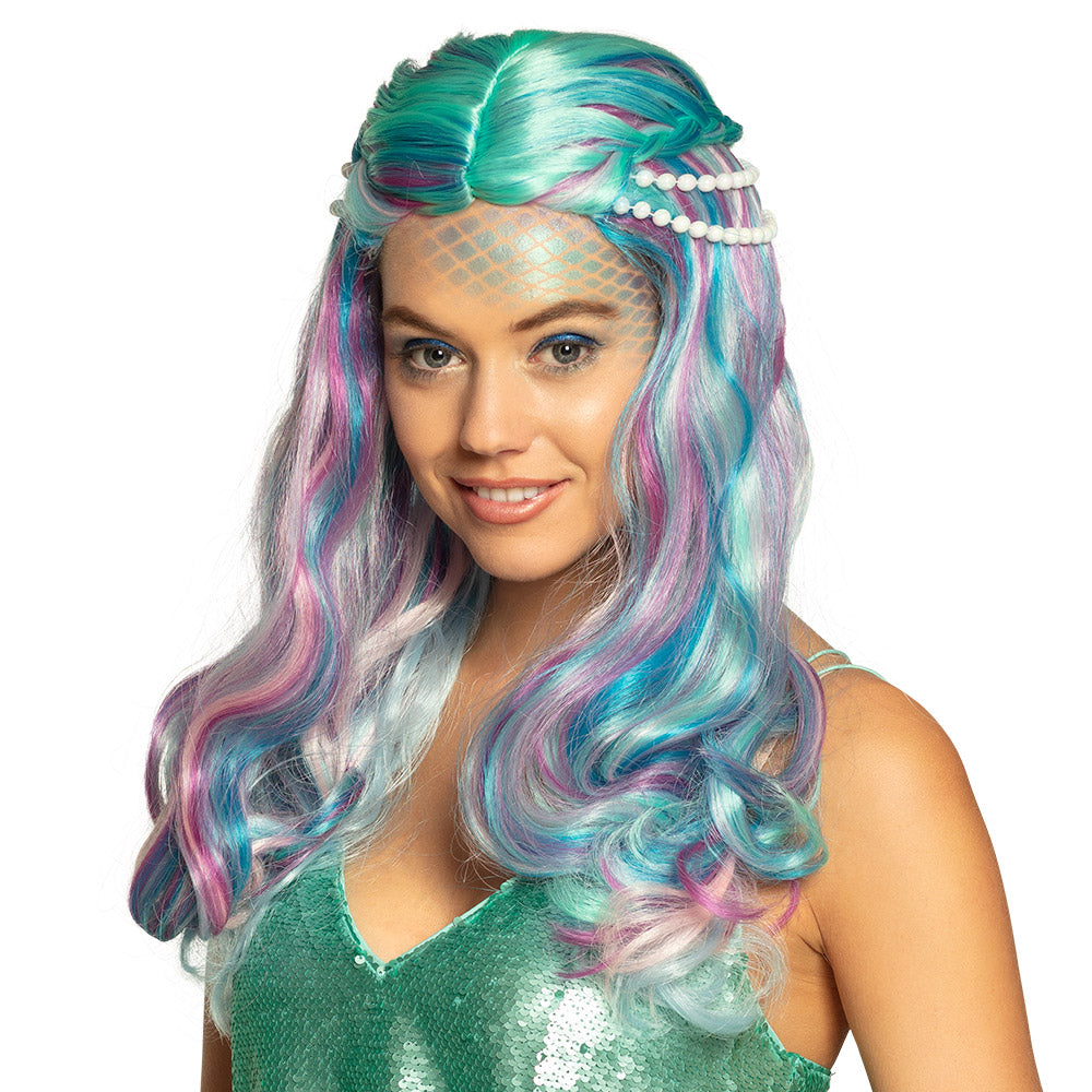 Perruque Sirène Multicolore + Perles - Déguisement Fantastique