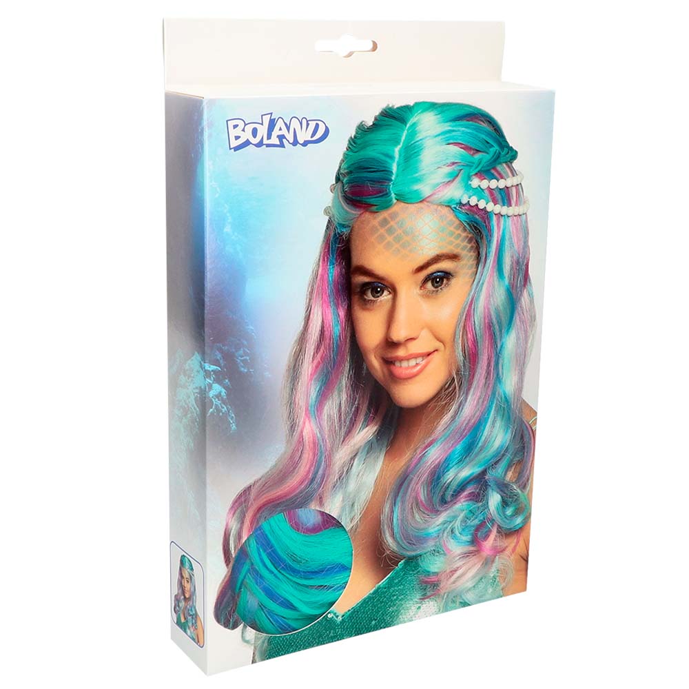 Perruque Sirène Multicolore + Perles - Déguisement Fantastique